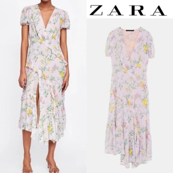 Zara Floral Ruffle Wrap Dress with Puff Sleeves, Size XS NWT - Picture 11 of 12